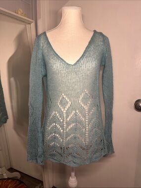 Pout Light Blue Open-Weave V-Neck Sweater